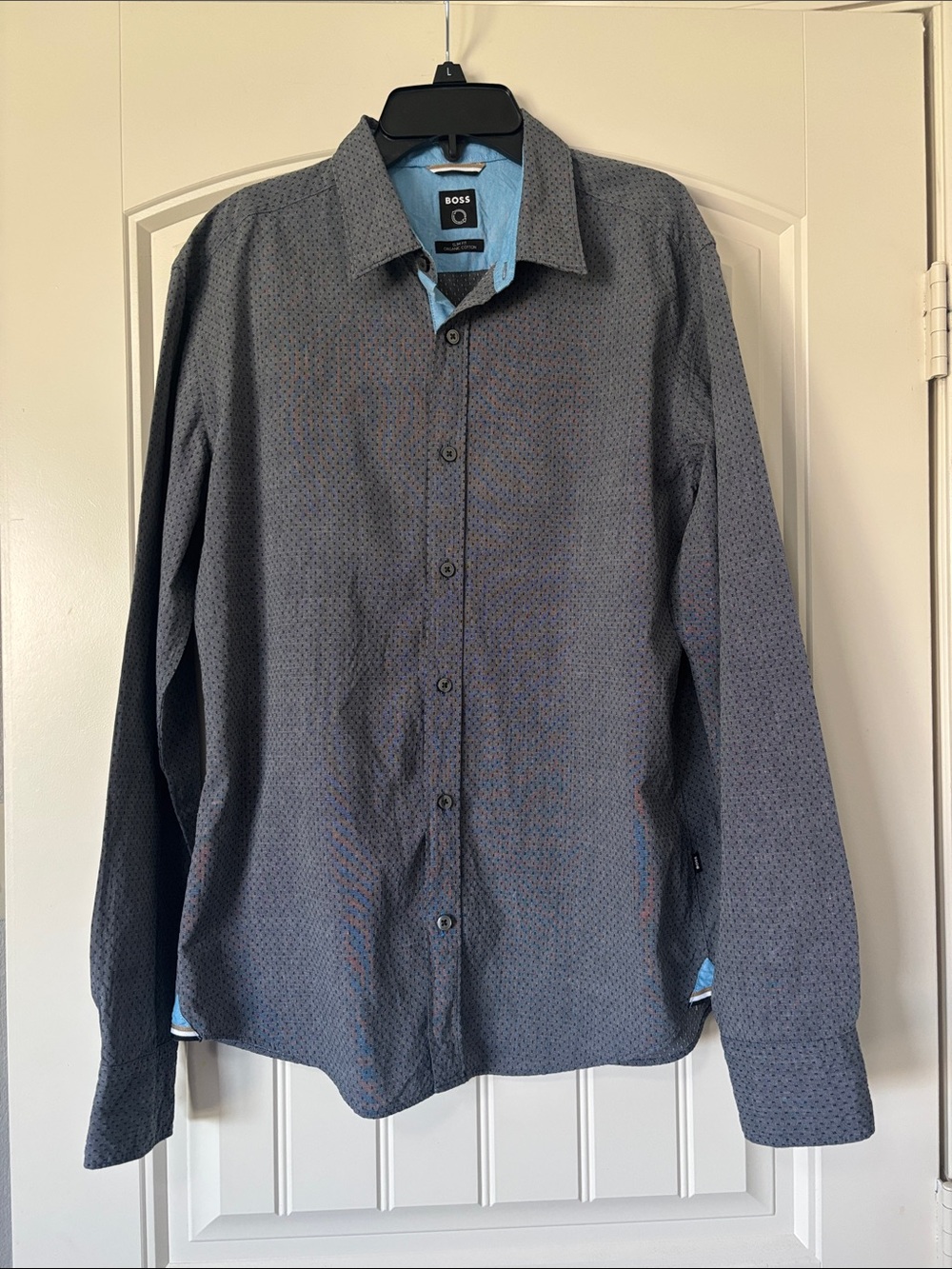BOSS Men's Grey Micro-Pattern Button Down Shirt with Light Blue Trim